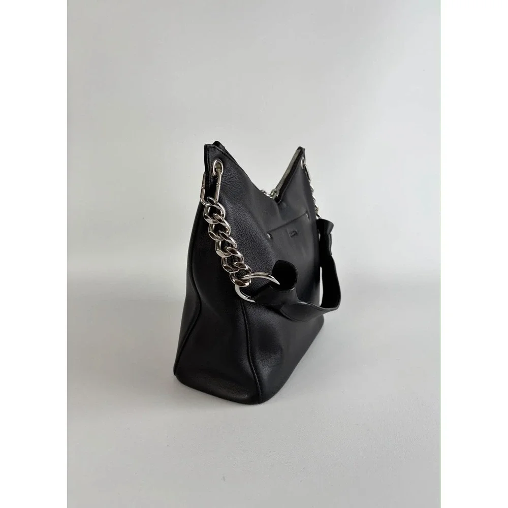 Jimmy Choo raven Hobbo Bag Black Leather With Silver Chain Accents